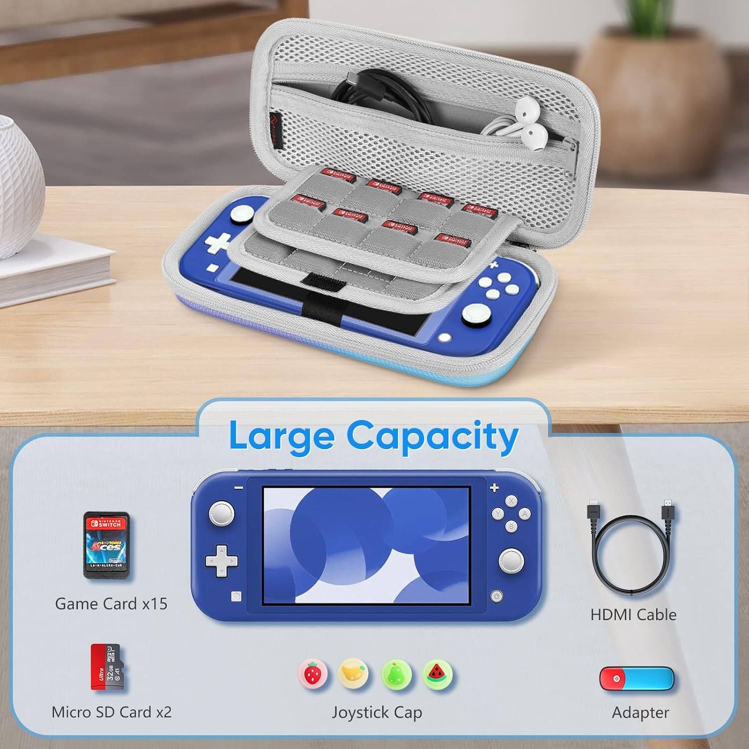 - Large Capacity
- Game Card x15
- Micro SD Card x2
- HDMI Cable Adapter
- Joystick Cap
