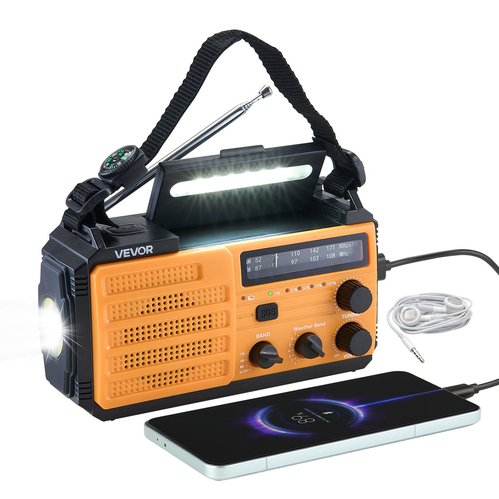 VEVOR - Emergency Weather Radio, 8000mAh Battery, FM/AM/WB/NOAA Alert Solar Hand Crank Emergency Radio, Type-C Charging - Orange + Black