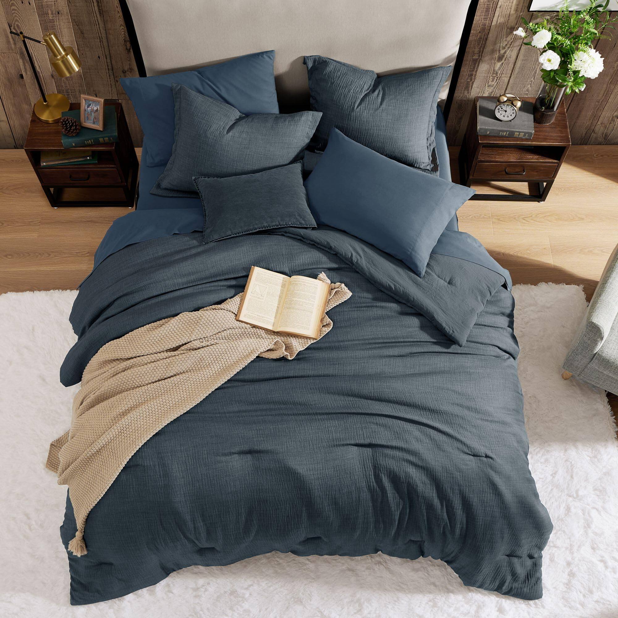Alt View 8. Dapper Styles - Queen Comforter Set - Size Soft Solid Bedding For All Season Textured Bed In A Bag With Sheets Pillowcases ... - Navy Blue-King (102"x90").