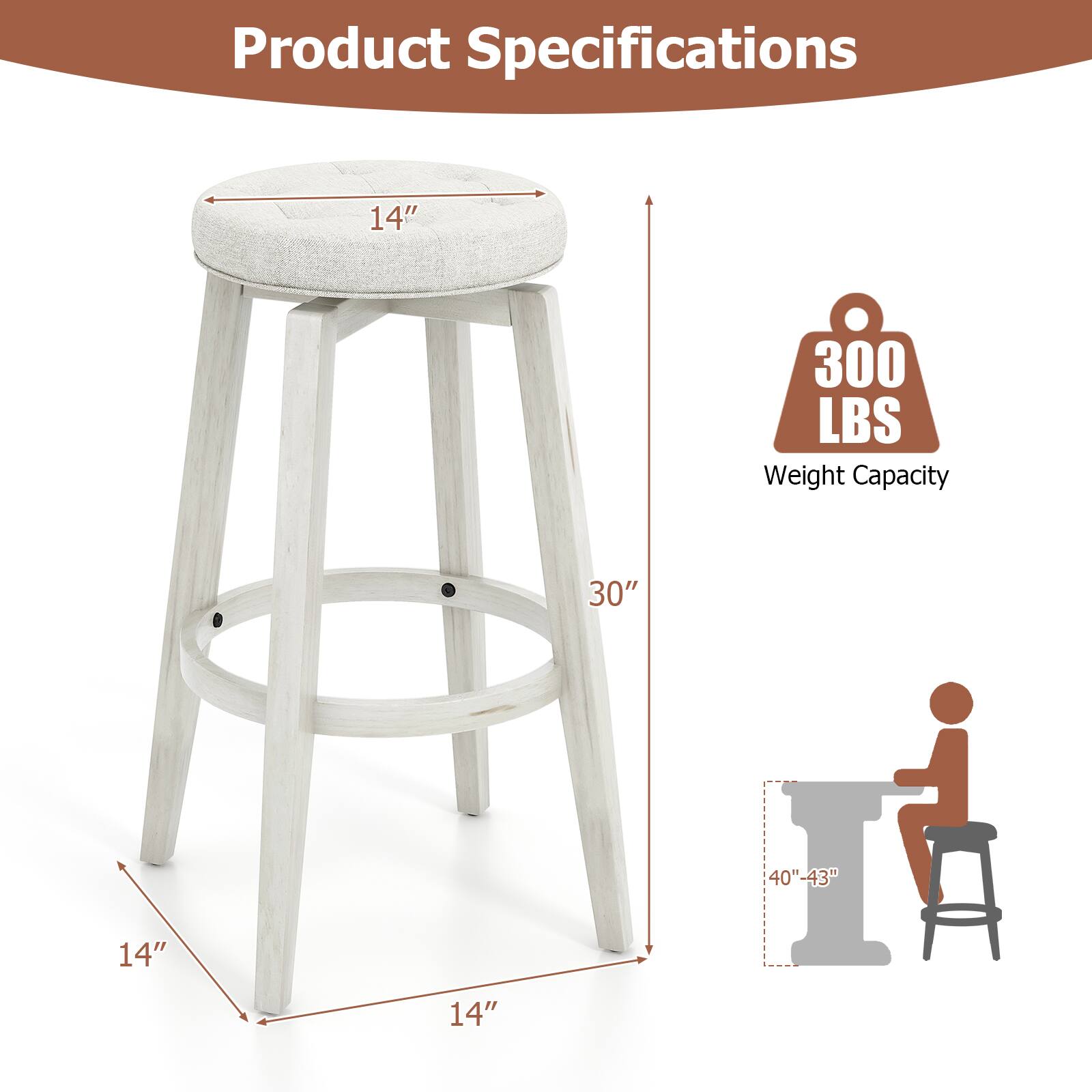 Product Specifications, 14", 300 LBS Weight Capacity, 30", 40"-43", 14", 14"