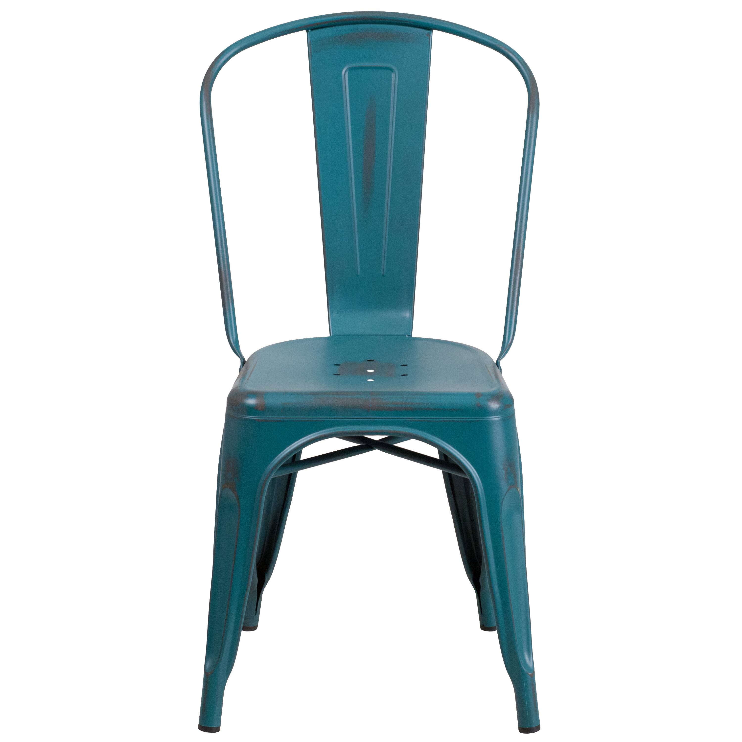 Alt View 7. Emma + Oliver - Commercial Grade Distressed Colorful Metal Indoor-Outdoor Stackable Chair - Kelly Blue-Teal.