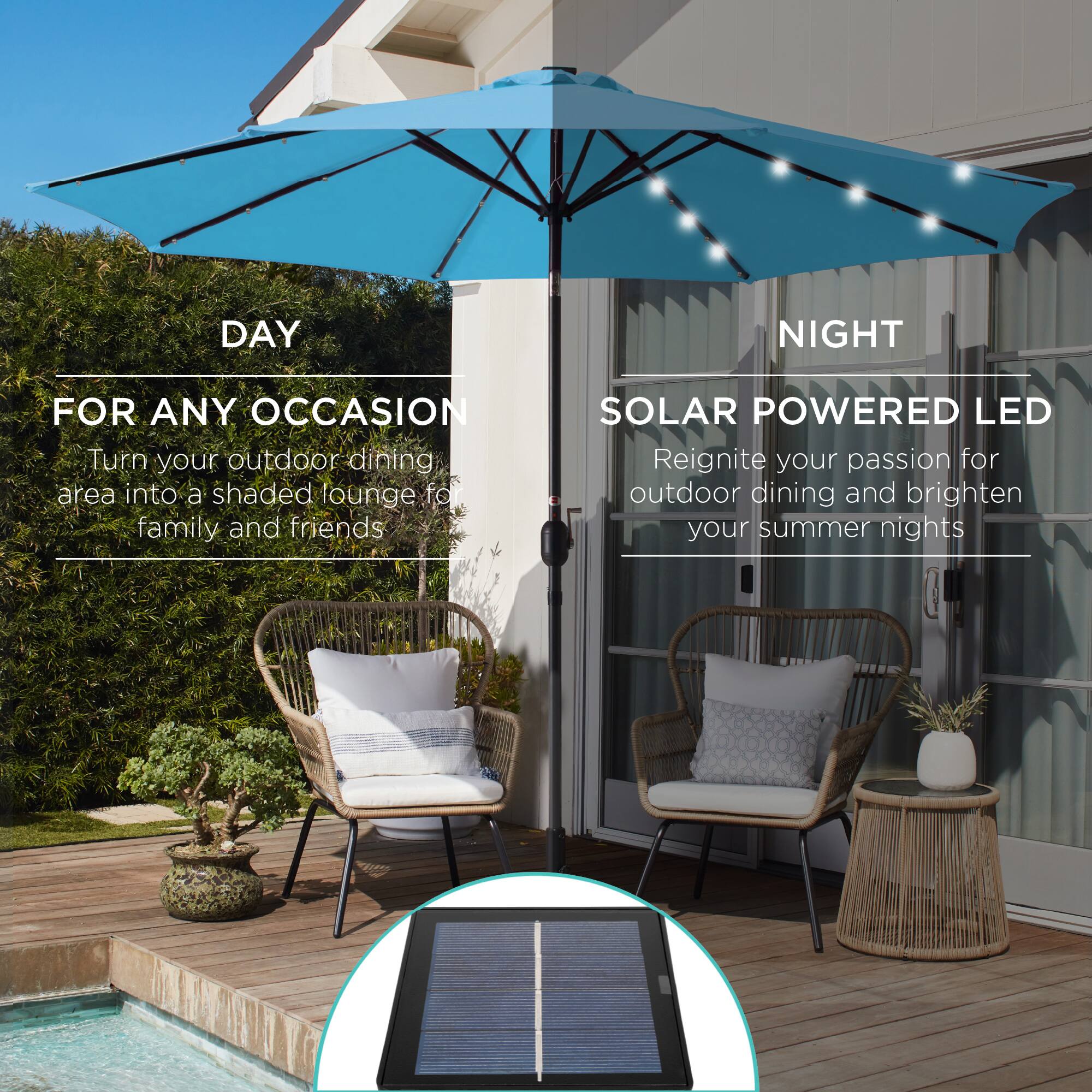 DAY NIGHT FOR ANY OCCASION

Turn your outdoor dining area into a shaded lounge for family and friends.

SOLAR POWERED LED

Reignite your passion for outdoor dining and brighten your summer nights.