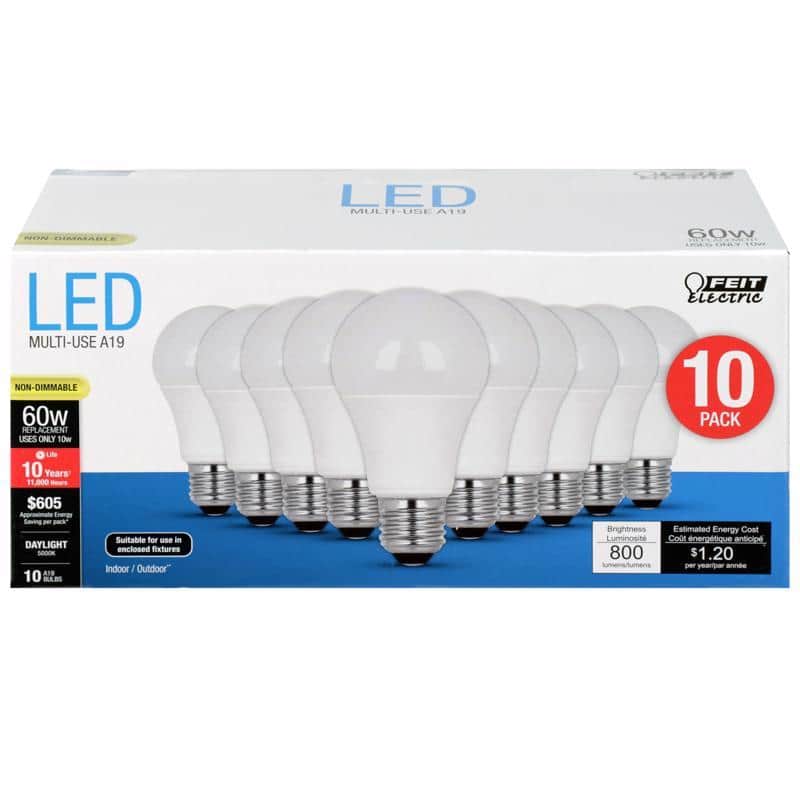 FEIT ELECTRIC - A19 E26 (Medium) LED Bulb Daylight 60 Watt Equivalence 10 pk Case of 4
