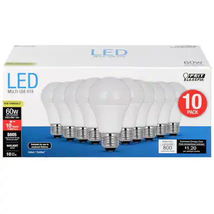 LED MULTI-USE A19
NON-DIMMABLE
60W REPLACEMENT USES ONLY 10W
10 PACK
FEIT Electric
10 years
11,000 Hours
$605
Approximate Energy Saving
DAYLIGHT 5000K
Brightness
Luminosity
800 lumens
Estimated Energy Cost
Cout énergétique anticipé
$1.20 per year/par année
Suitable for use in enclosed fixtures
Indoor / Outdoor
10 BULBS