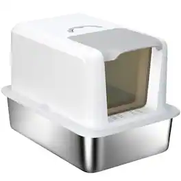 Pawhut - in 1 Stainless Steel Cat Litter Box with Removable Lid, Scoop, Filter Bags - White