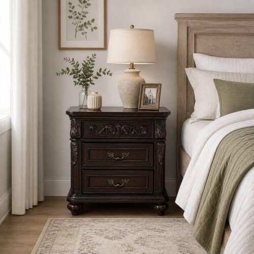 Angle. LUCKY ONE - 28" Assembled 3-Drawer Nightstand Solid Wood Frame Carved - Espresso.