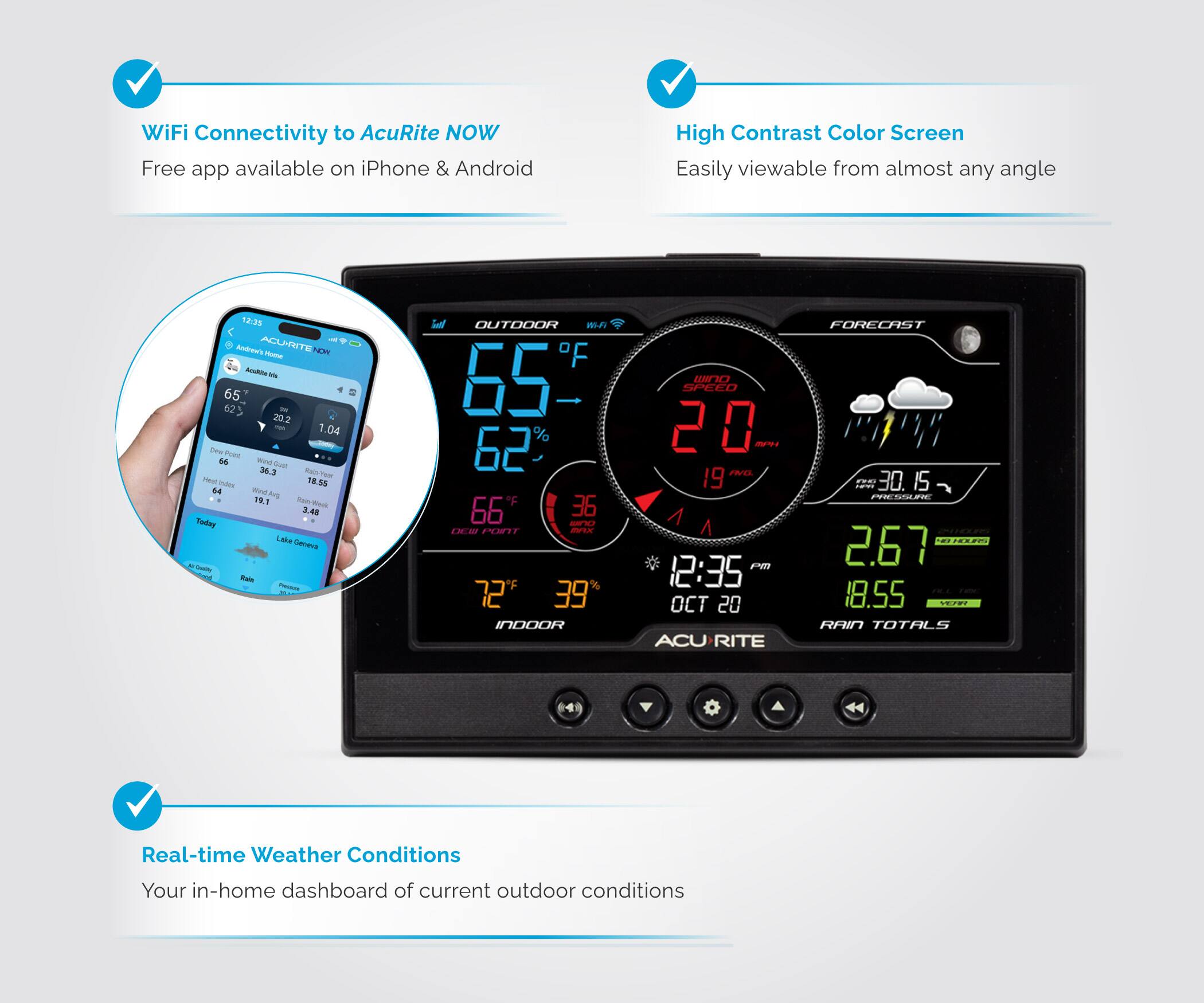 WiFi Connectivity to AcuRite NOW  
Free app available on iPhone & Android  

High Contrast Color Screen  
Easily viewable from almost any angle  

Real-time Weather Conditions  
Your in-home dashboard of current outdoor conditions