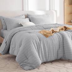 Front. Dazzed Corner - Seersucker 5/7 Pieces Bed in a Bag Comforter Set with Sheets, Pillowcases & Shams - Light Gray.
