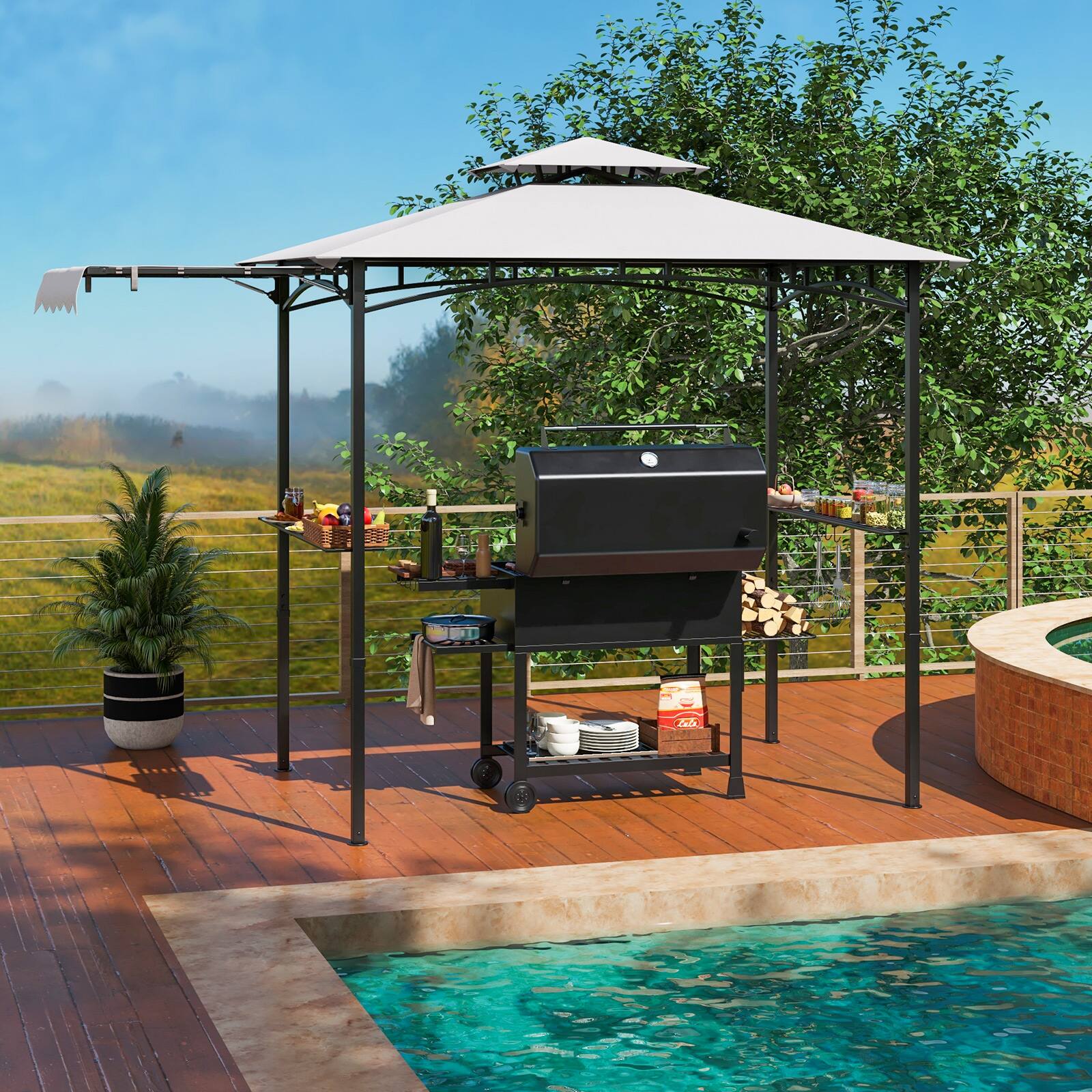 Alt View 1. Ecooso - 10.5 x 5 FT Grill Gazebo with Side Awning and Double-Tiered Top - Gray.