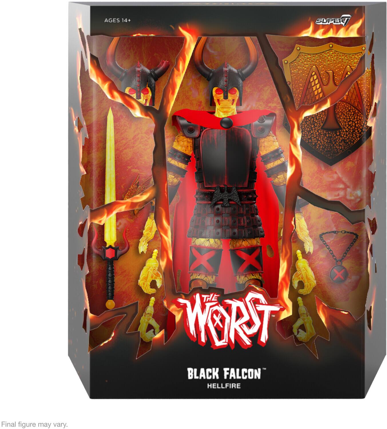 AGES 14+ SUPER X THE WORST BLACK FALCON HELLFIRE X Final figure may vary.