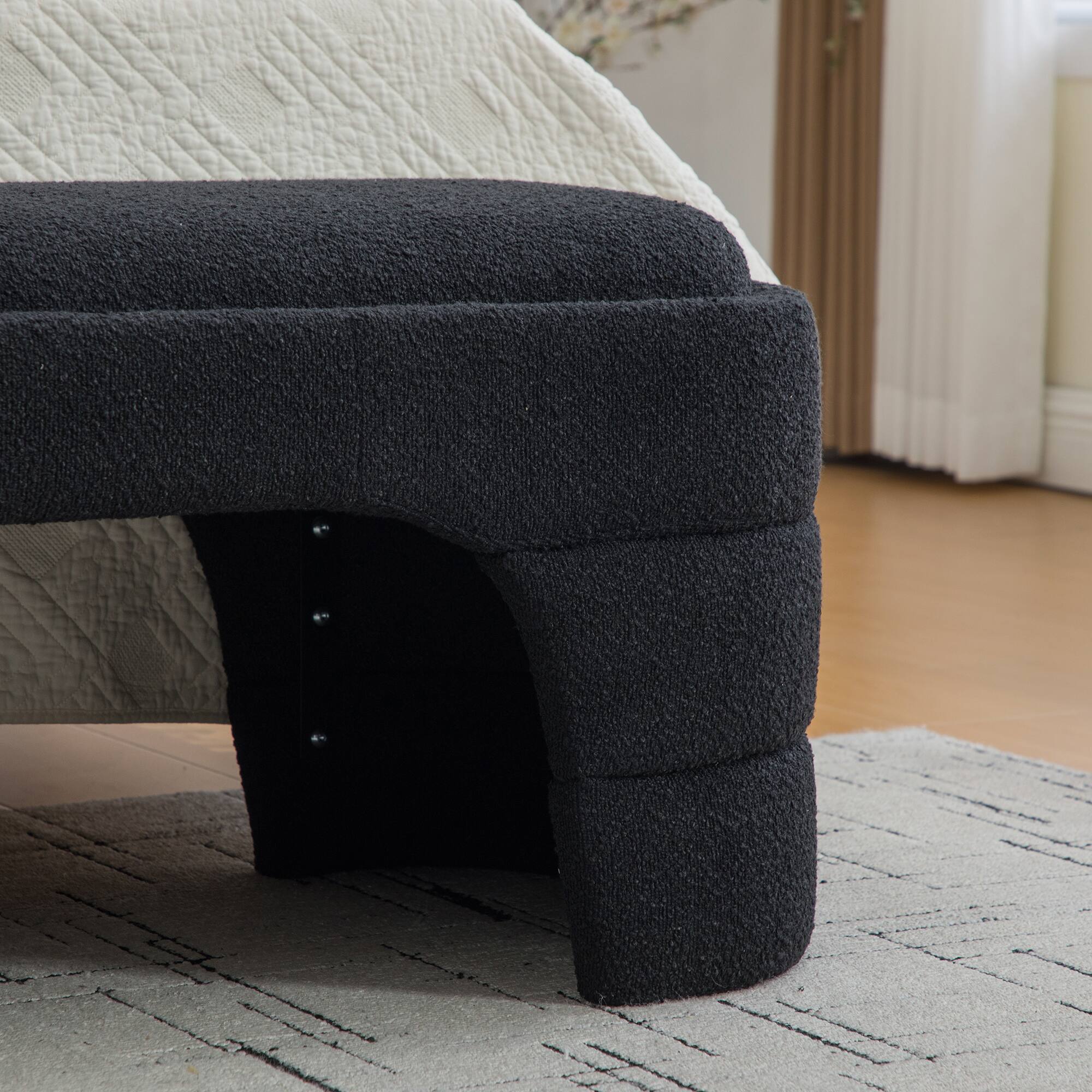 Alt View 1. Ropilly - 65 Inch Modern Upholstered End of Bed Bench, Black Boucle Armless Entryway Bench, Chenille Ottoman Foot Stool - Black.