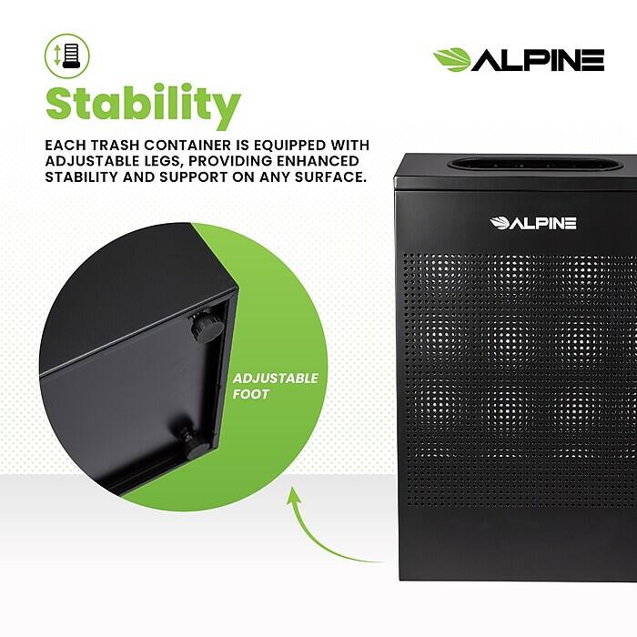 Stability
EACH TRASH CONTAINER IS EQUIPPED WITH ADJUSTABLE LEGS, PROVIDING ENHANCED STABILITY AND SUPPORT ON ANY SURFACE.
ALPINE
ALPINE ADJUSTABLE FOOT