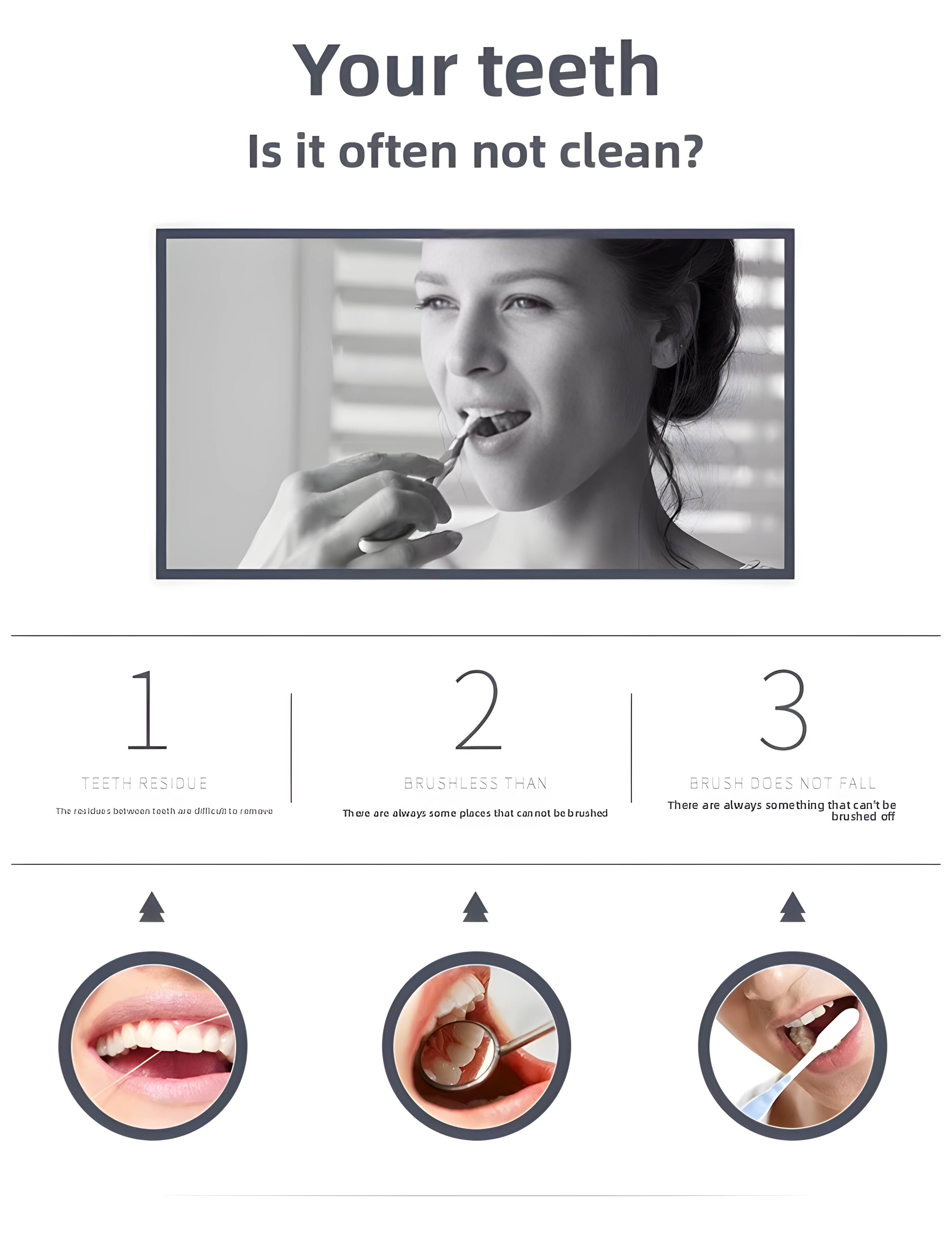 Your teeth  
Is it often not clean?  

1. TEETH RESIDUE  
The residues between teeth are difficult to remove  

2. BRUSHLESS THAN  
There are always some places that cannot be brushed  

3. BRUSH DOES NOT FALL  
There are always something that can't be brushed off