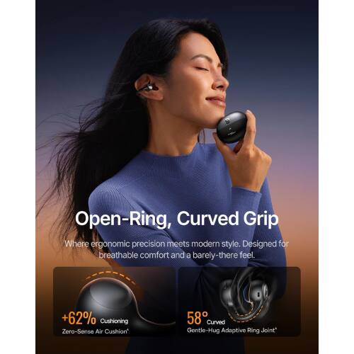 Open-Ring, Curved Grip  
Where ergonomic precision meets modern style. Designed for breathable comfort and a barely-there feel.  

+62% Cushioning  
Zero-Sense Air Cushion  

58°  
Curved Gentle-Hug Adaptive Ring Joint