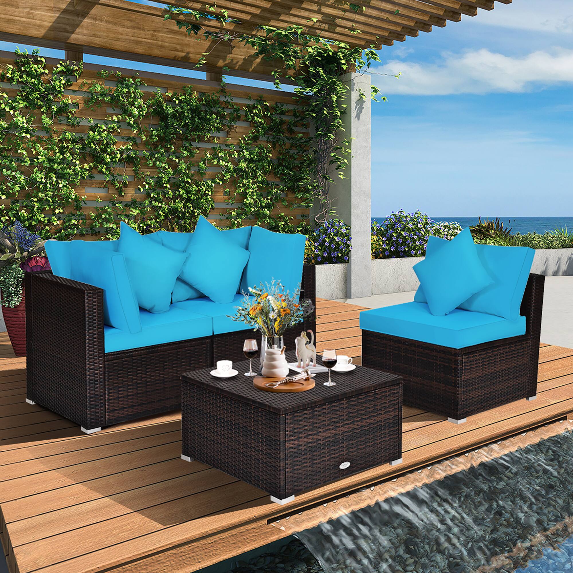 Alt View 3. Costway - 4PCS Patio Rattan Furniture Set Sofa Ottoman Cushion Garden Deck - Turquoise.