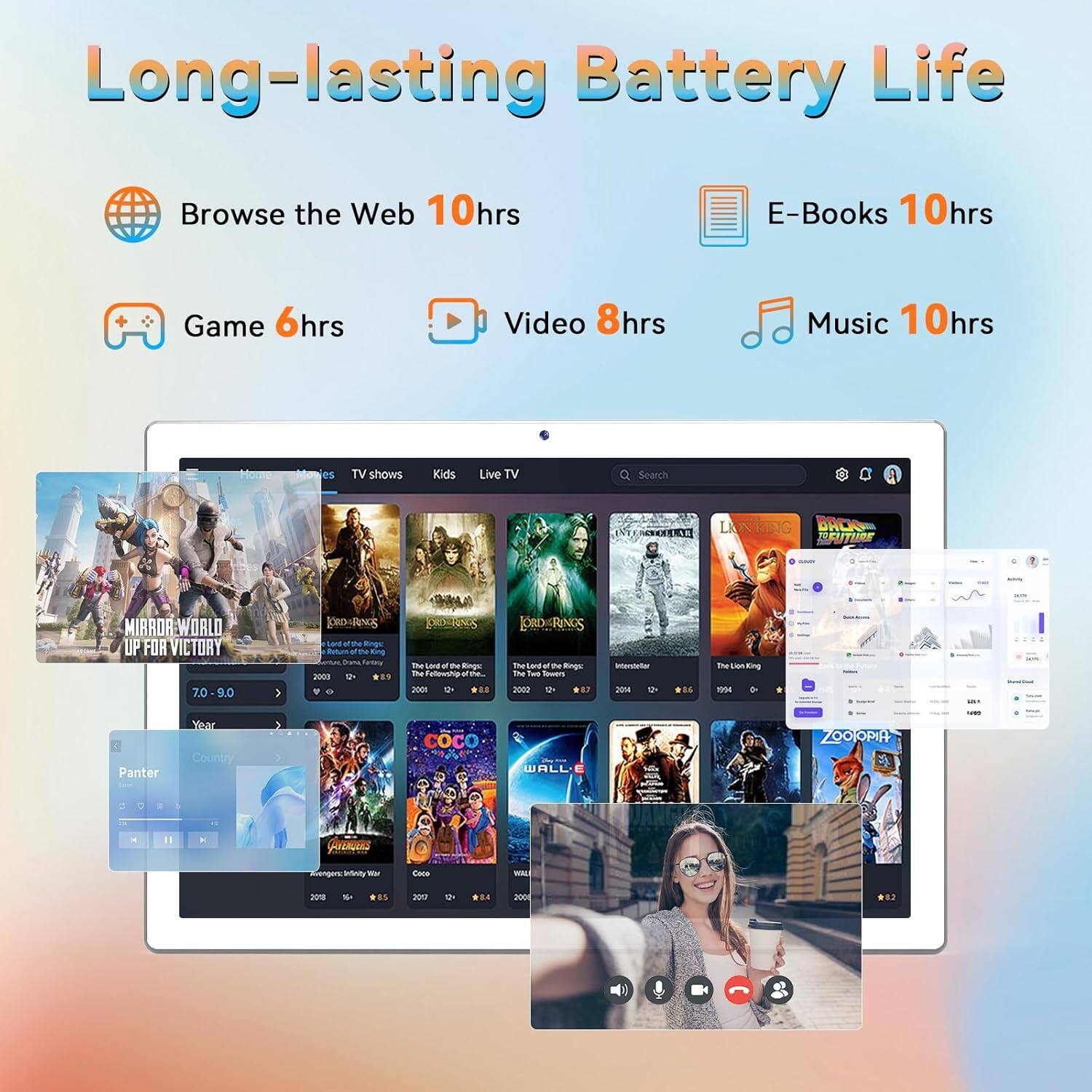 Long-lasting Battery Life
- Browse the Web 10hrs
- E-Books 10hrs
- Game 6hrs
- Video 8hrs
- Music 10hrs
TV shows
Kids
Live TV
Search
MIRROR WORLD UP FOR VICTORY
7.0 - 9.0
Year
Panther
COCO
AVENGERS
ZOOPIA
2000
2000
2000
2000
2000
2000
2000
2000
2000
2000
2000
2000
2000
2000
2000
2000
2000
2000
2000
2000
2000
2000
2000
2000
2000
2000
2000
2000
2000
2000
2000
2000
2000
200