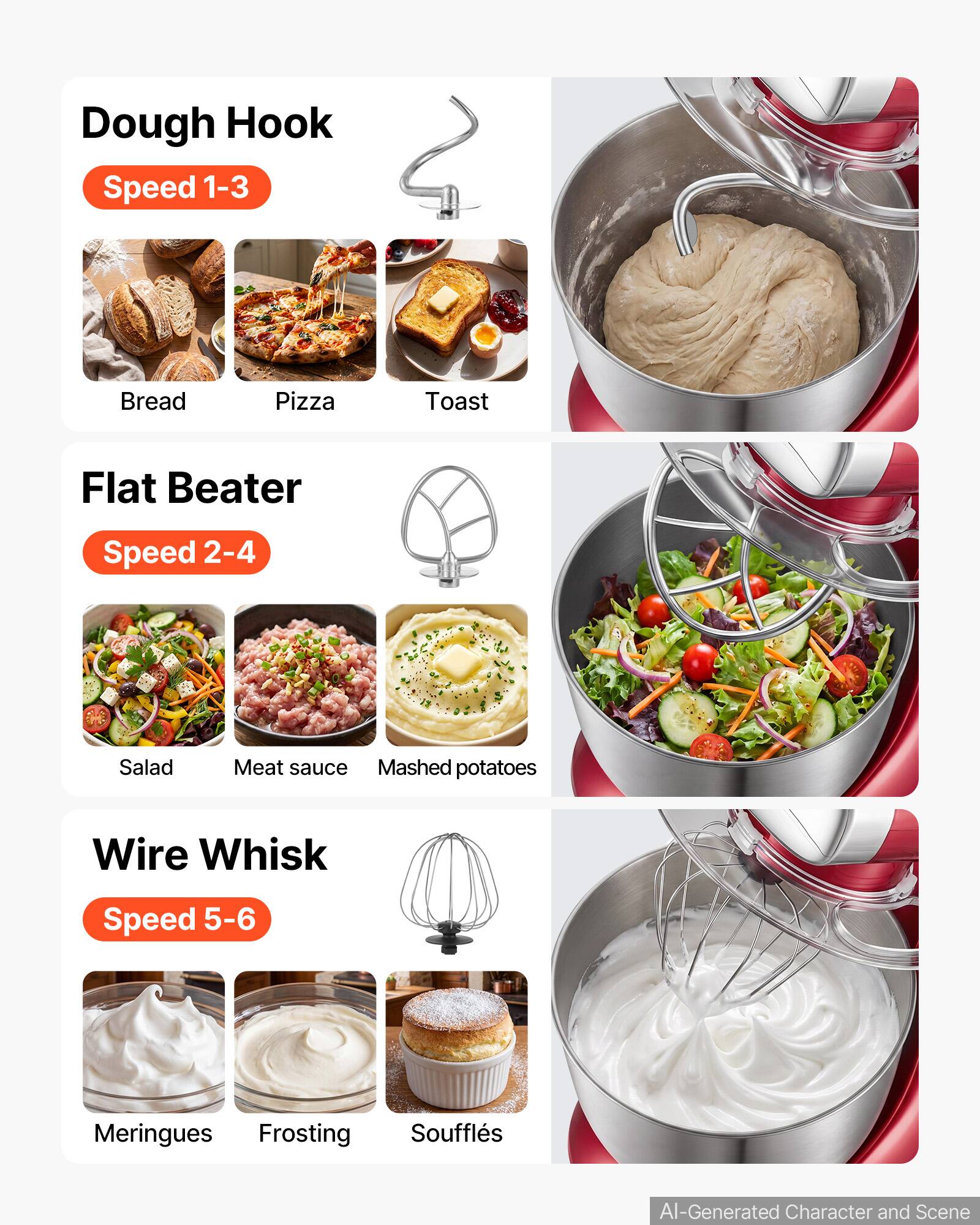 Dough Hook  
Speed 1-3  
Bread  
Pizza  
Toast  

Flat Beater  
Speed 2-4  
Salad  
Meat sauce  
Mashed potatoes  

Wire Whisk  
Speed 5-6  
Meringues  
Frosting  
Soufflés  

AI-Generated Character and Scene