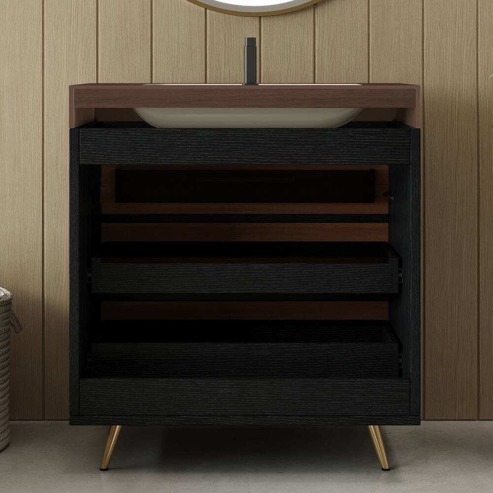 Alt View 3. Loheer - Loheer 29.9 inch bathroom vanity freestanding farmhouse vanity with ceramic vessel sink and sintered stone top - Walnut.