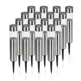 Oumilen - 12-Pack Stainless Steel Cylinder Solar Stake Lights Warm White LED Outdoor Garden Lights
