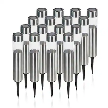 Front. Oumilen - 12-Pack Stainless Steel Cylinder Solar Stake Lights Warm White LED Outdoor Garden Lights.