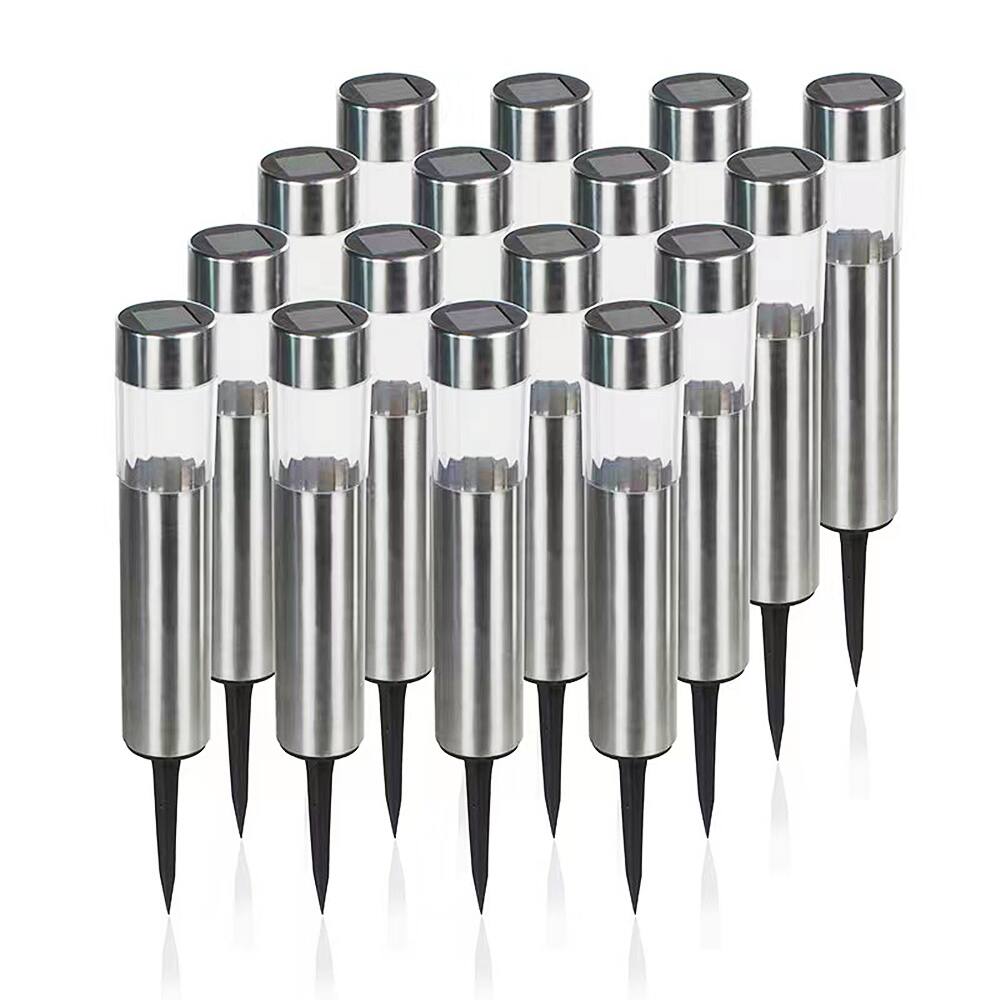 Oumilen - 12-Pack Stainless Steel Cylinder Solar Stake Lights Warm White LED Outdoor Garden Lights