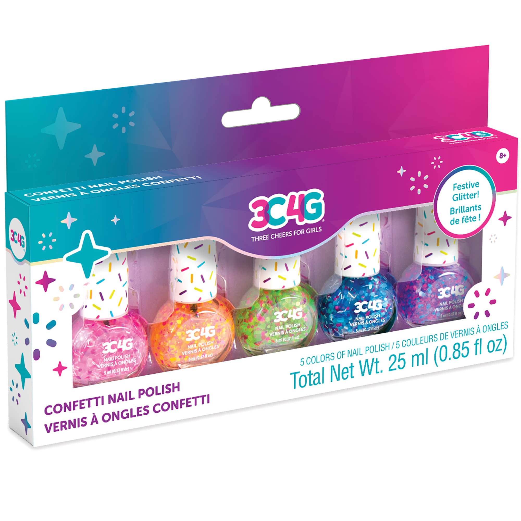 The text on the image is already grouped and correctly written. It reads:

"AR 8+ HAI POUISH CONPETTI CONFETTI A ONGLES VERNIS 3C4G 3C4G GIRLS CHEERS FOR THREE Festive Glitter! Brillants de fte! 3C4G 3C4G Nail Polish 13 A ONGLES VERND 1 POLISH  2 IL ONOLS VERNT A mA ma I - NAIL POLISH CONFETTI ONGLES CONFETTI VERNIS  3C4G POAL POLISH 3C4G VERNIS A ONC 3C4G NAS POLICY m8 AONCIES E POLOP VERATE NAR A ONGLES IAUtR VERNIS  ONGLES YEANIS DE Imu1E - 1 1m COULEURS POLISH / 5 fl oz) OF NAIL ml (0.85 5 COLORS 25 Net Wt. Total"
