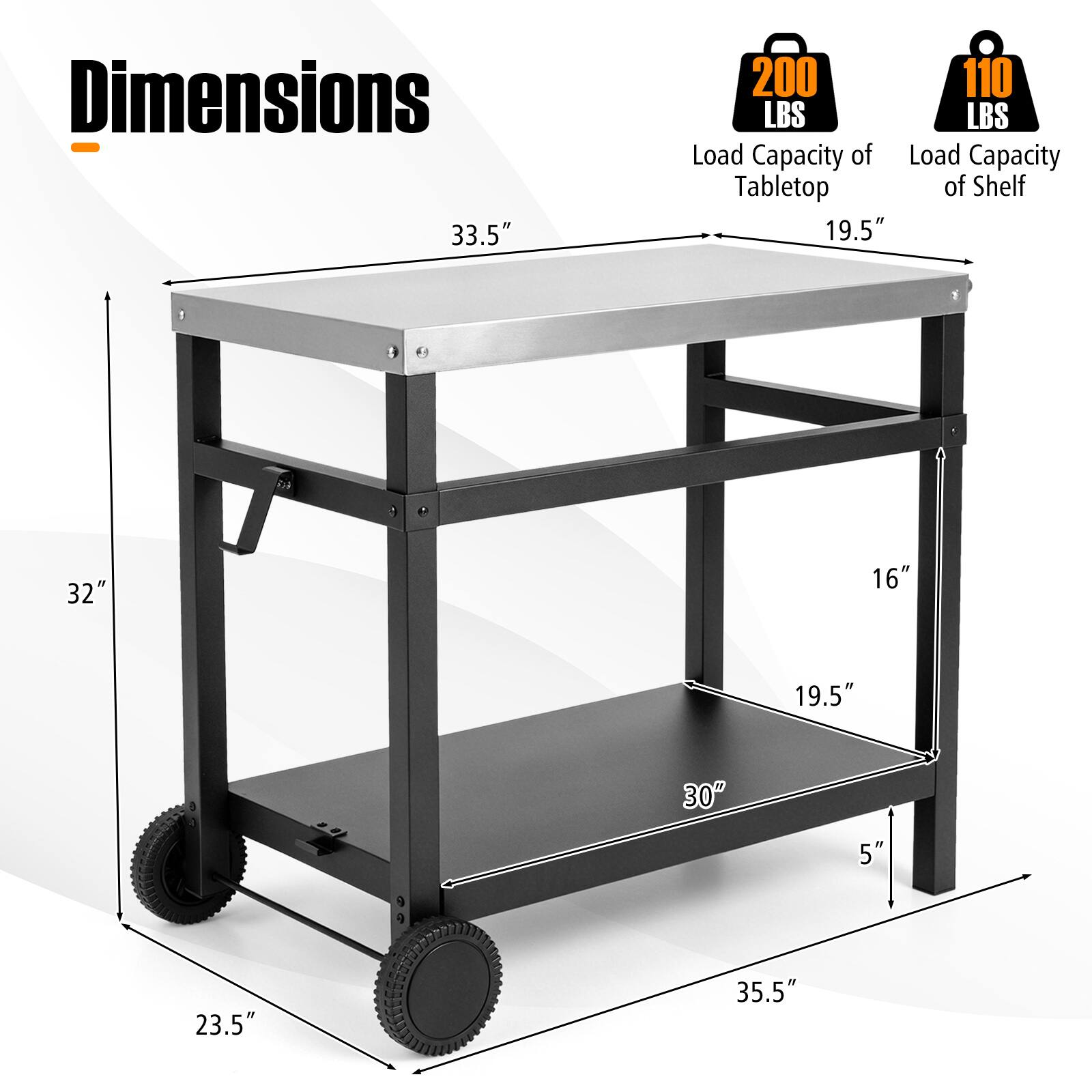 Dimensions  
33.5"  
200 LBS Load Capacity of Tabletop  
110 LBS Load Capacity of Shelf  
19.5"  
32"  
16"  
19.5"  
30"  
5"  
23.5"  
35.5"