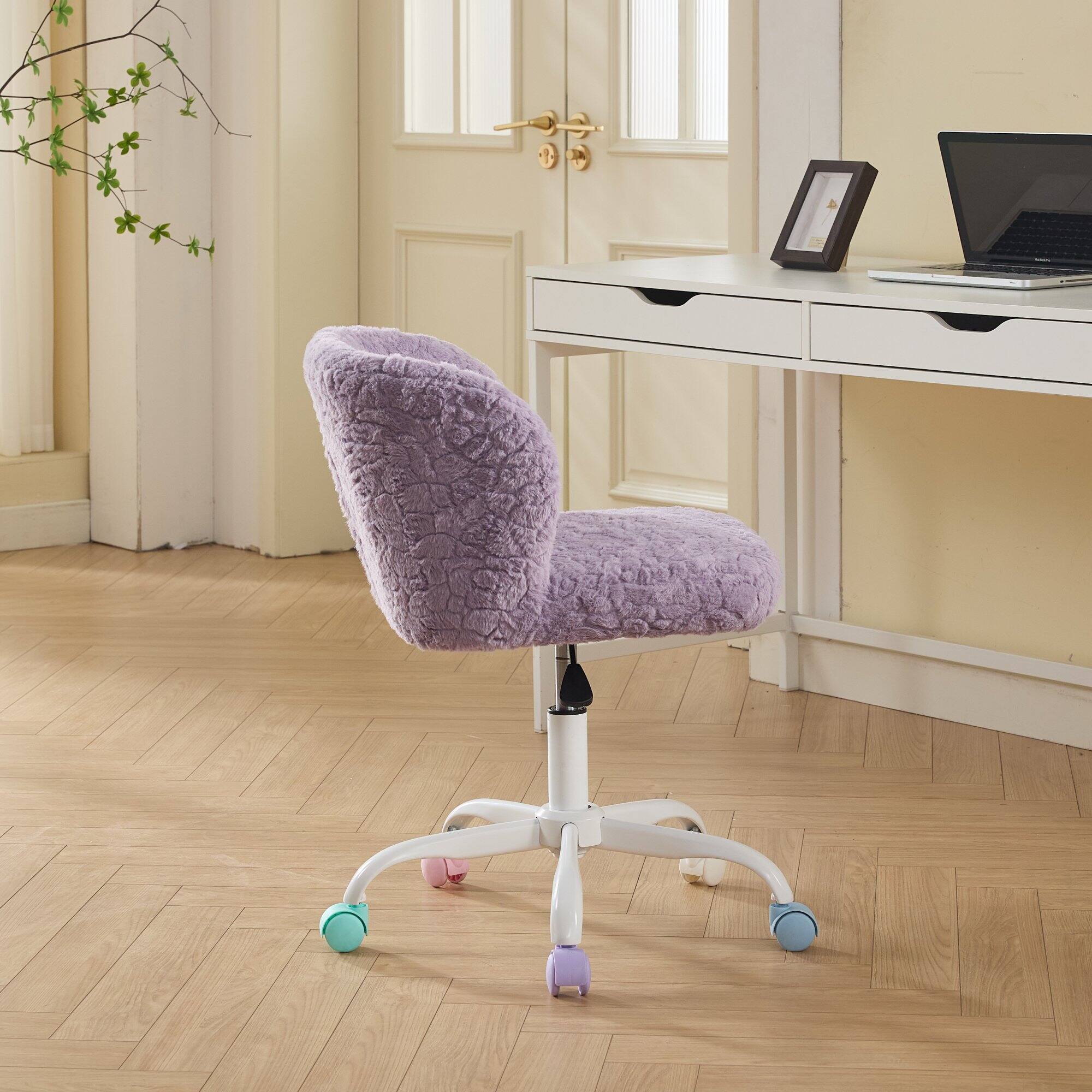 Angle. Z-Edge - Armless Office Desk Chair, Small Vanity Chair with Wheels, 360 Degree Swivel, Height Adjustable for Bedroom - Purple.