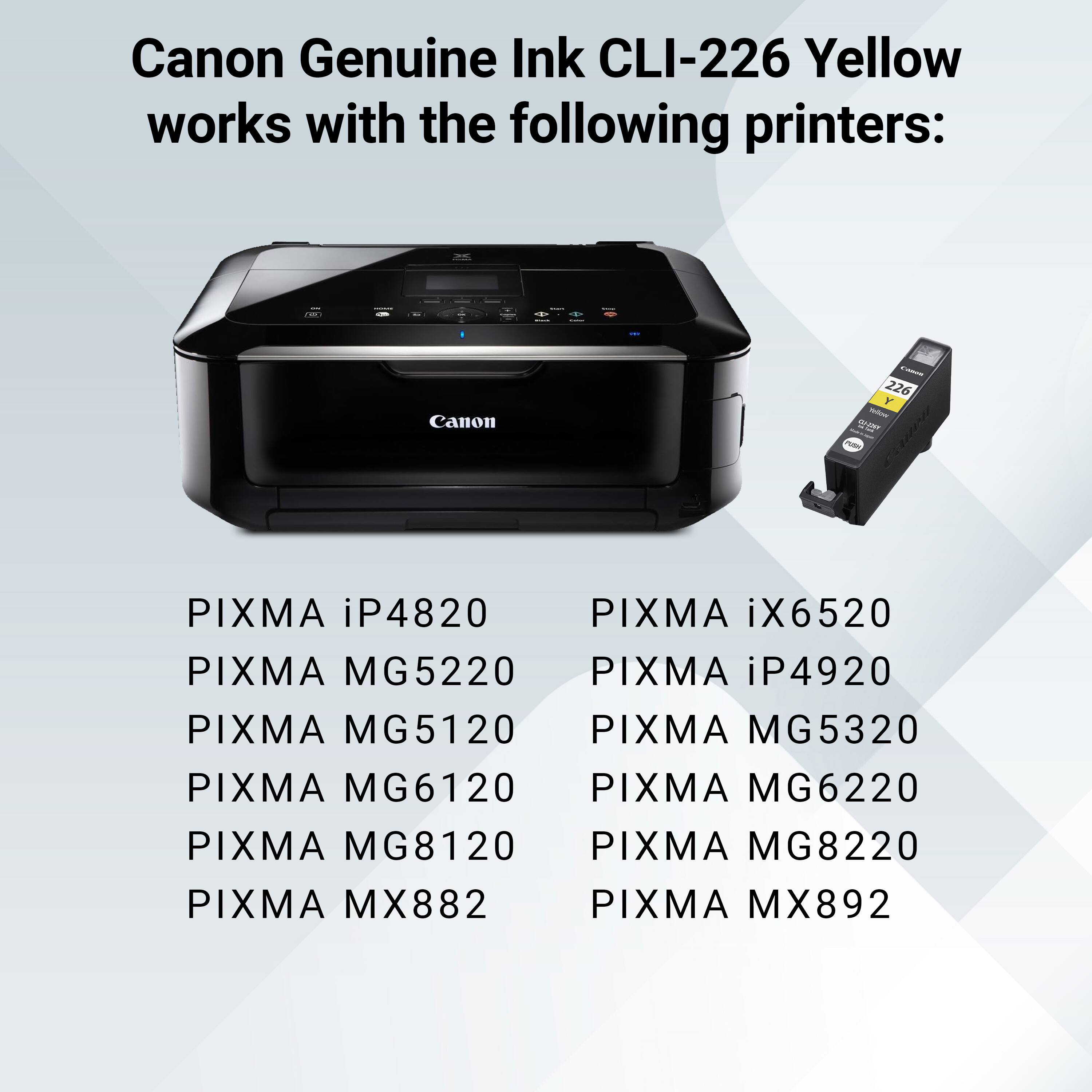 Canon Genuine Ink CLI-226 Yellow works with the following printers:

Canon
PIXMA iP4820
PIXMA iX6520
PIXMA MG5220
PIXMA iP4920
PIXMA MG5120
PIXMA MG5320
PIXMA MG6120
PIXMA MG6220
PIXMA MG8120
PIXMA MG8220
PIXMA MX882
PIXMA MX892