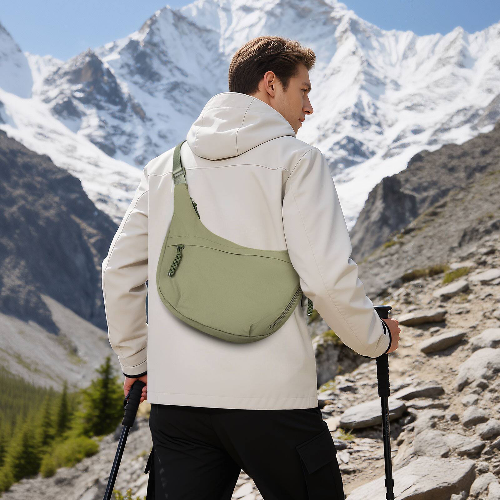 Alt View 5. Unique Bargains - Sling Bag for Men Women, Lightweight Arch Moon Crossbody Bag, Water Repellent Chest Fanny Pack for Hiking Travel Commute - Green.