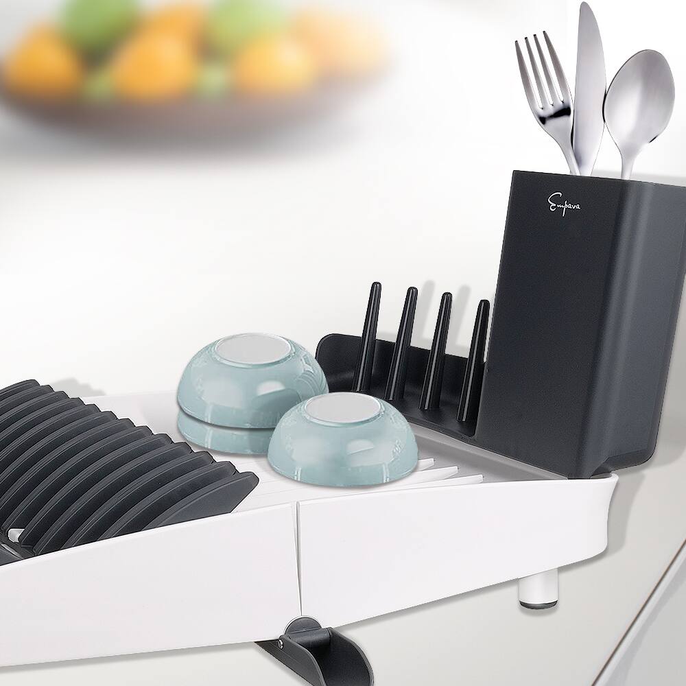 Alt View 2. Empava - 16-in Fold-Able Countertop Camping RV Collection Dish and Cups Drying Rack Drainer Set - White & Blue-gray.
