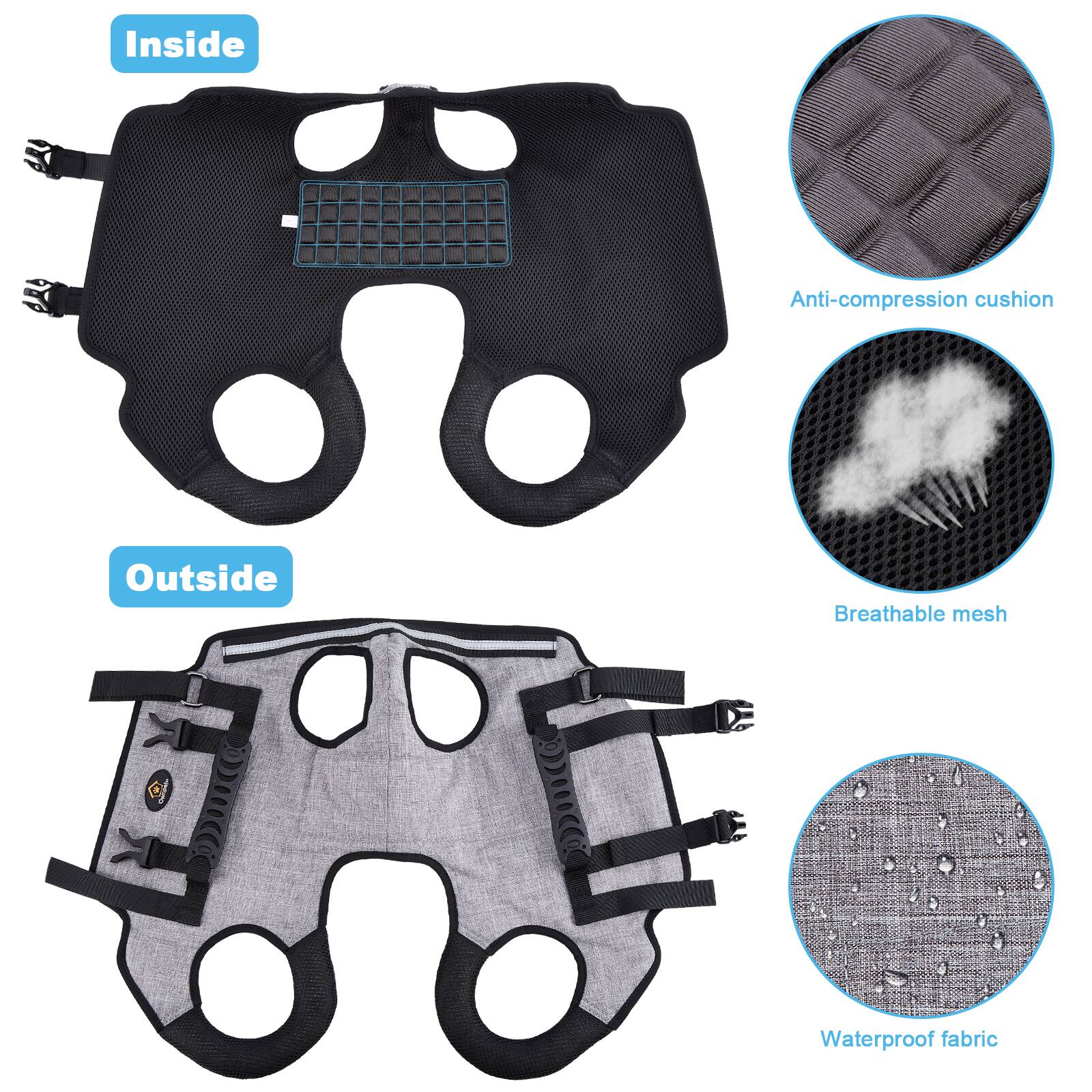 Inside: Anti-compression cushion  
Outside: Breathable mesh, Waterproof fabric