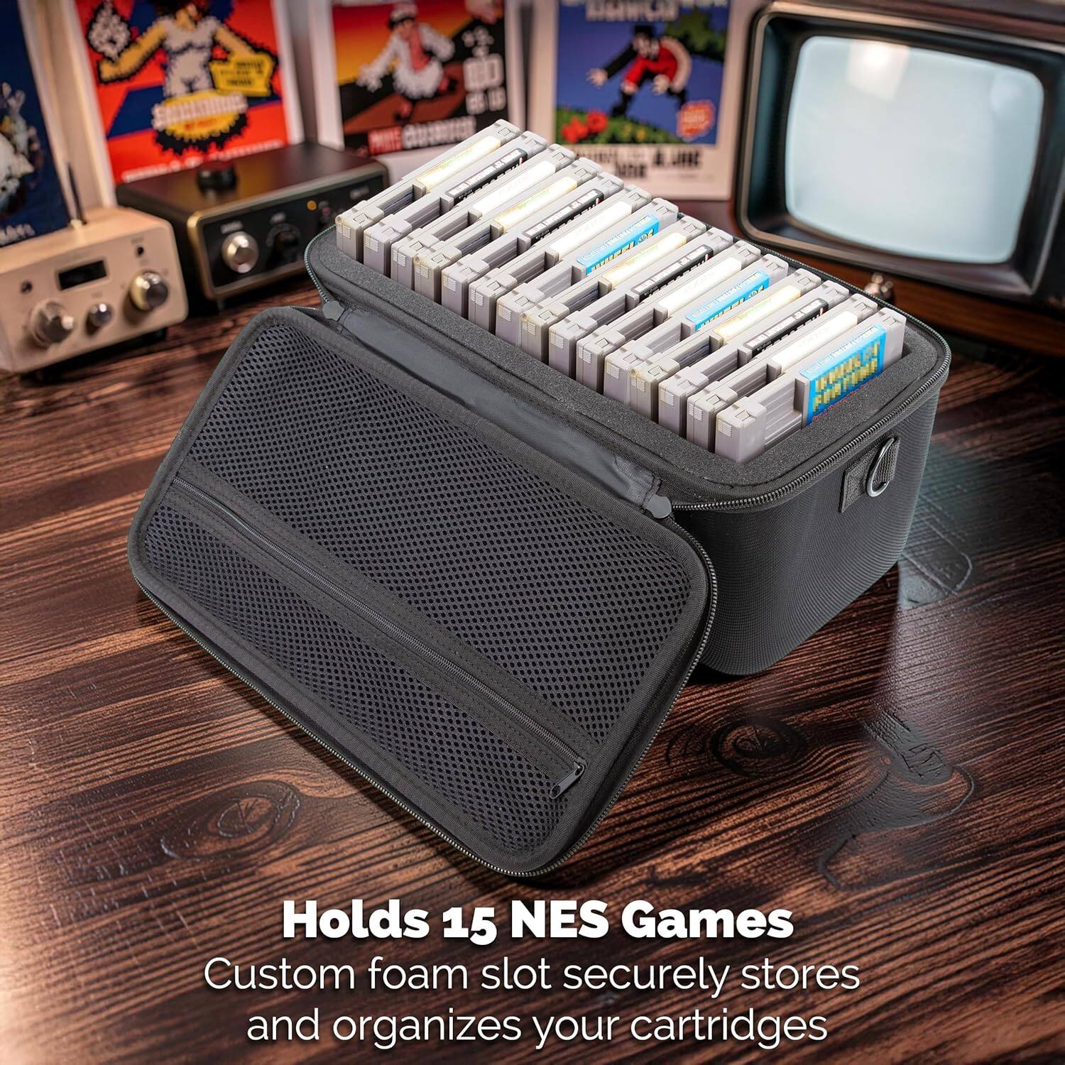 Holds 15 NES Games  
Custom foam slot securely stores and organizes your cartridges