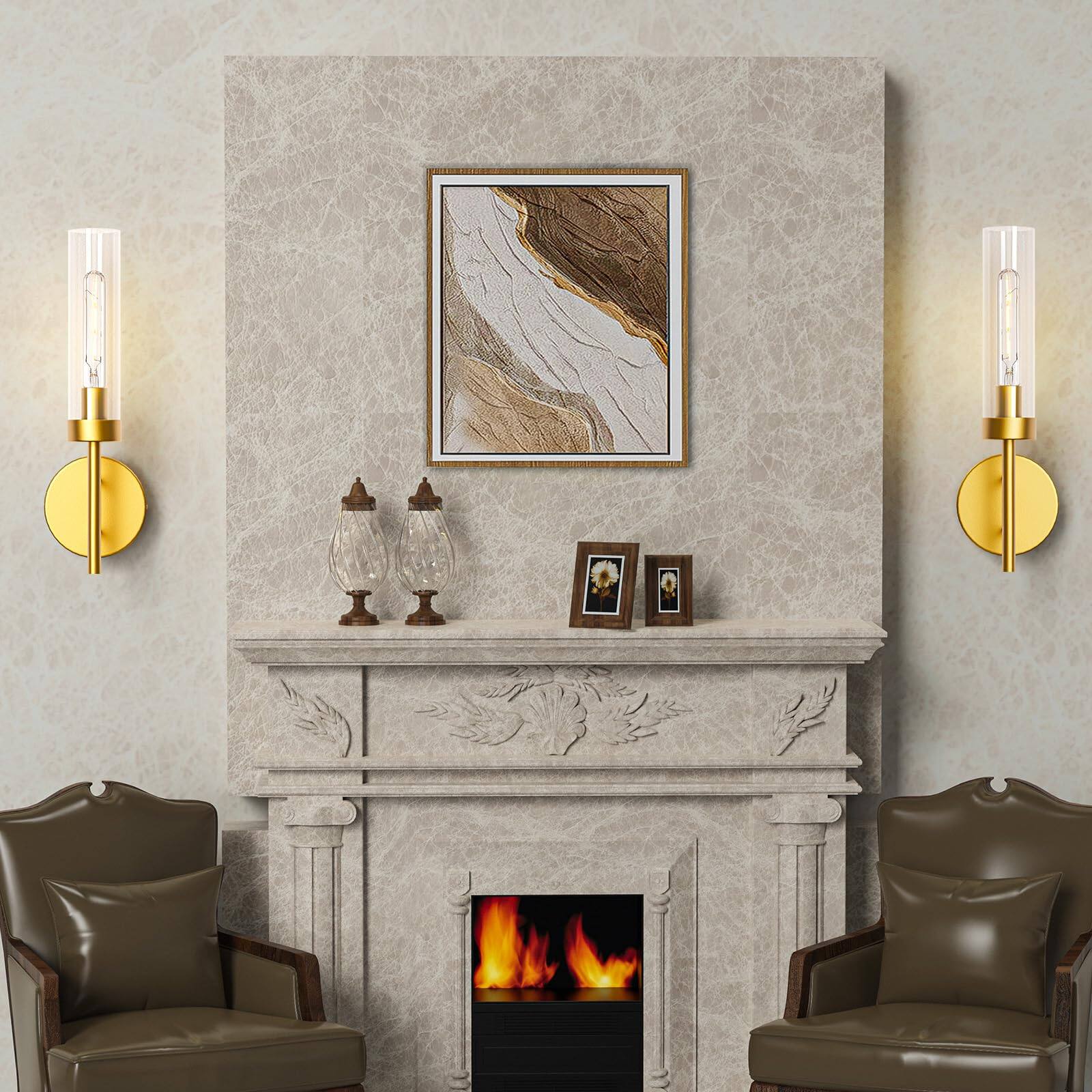 Left. E.P. Light - Set of 2 Modern Wall Sconces with Glass Lampshade - Yellow Gold.