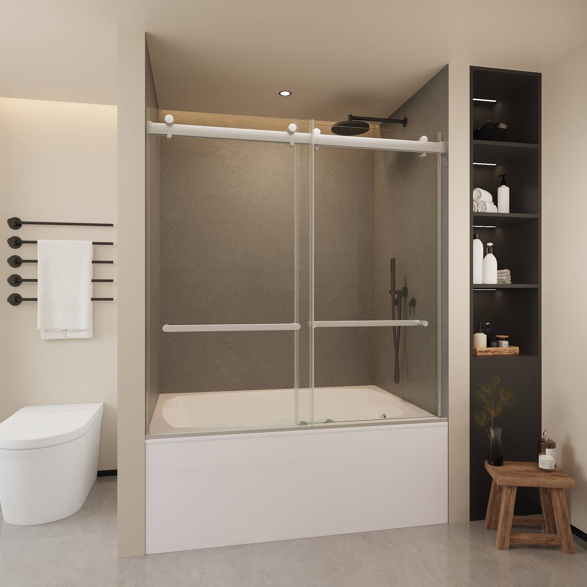 LOVMOR - Frameless Bathtub Shower Doors 56-60 W x 60 H Brushed Nickel - Silver