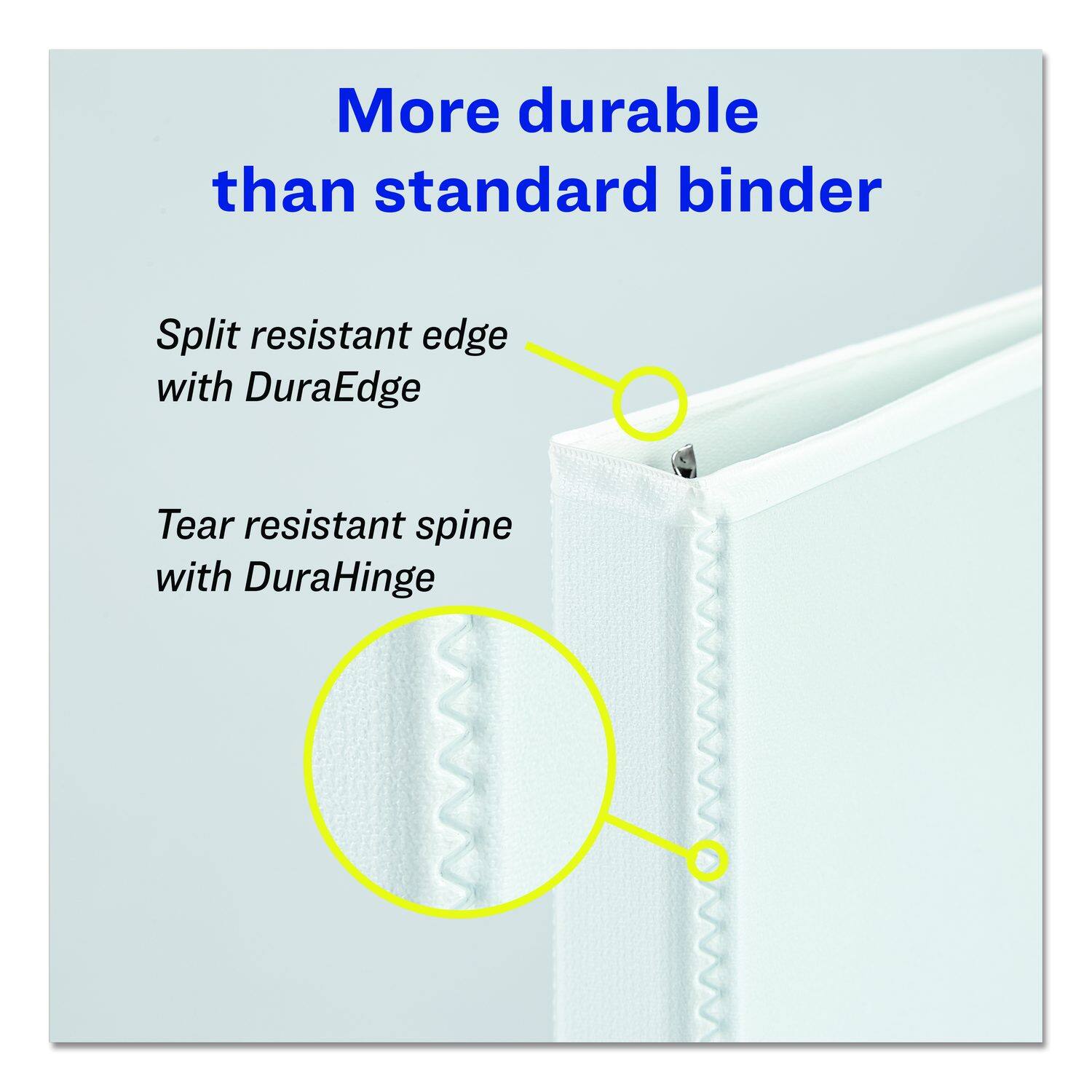 More durable than standard binder

Split resistant edge with DuraEdge

Tear resistant spine with DuraHinge