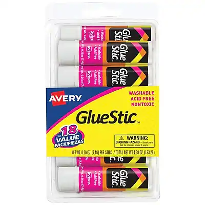 AVERY GlueStic
WASHABLE
ACID FREE
NONTOXIC
18 VALUE PACK
18 STICKS
NET WT 0.26 OZ (7.4g) PER STICK
TOTAL NET WT 4.68 OZ (133.2g)
WARNING: CHOKING HAZARD - Small parts. Not for children under 3 years.