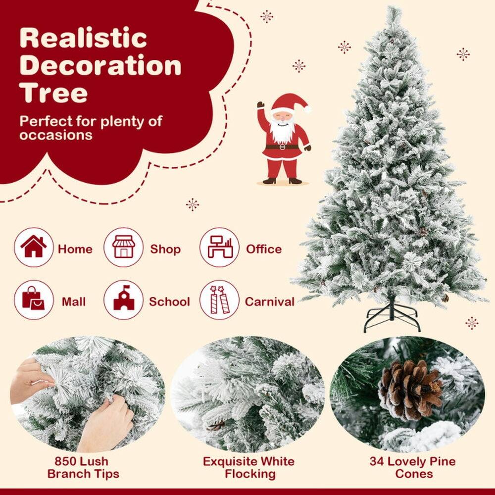 Realistic Decoration Tree  
Perfect for plenty of occasions  

Home Shop Office Mall School Carnival  

850 Lush Branch Tips  
Exquisite White Flocking  
34 Lovely Pine Cones