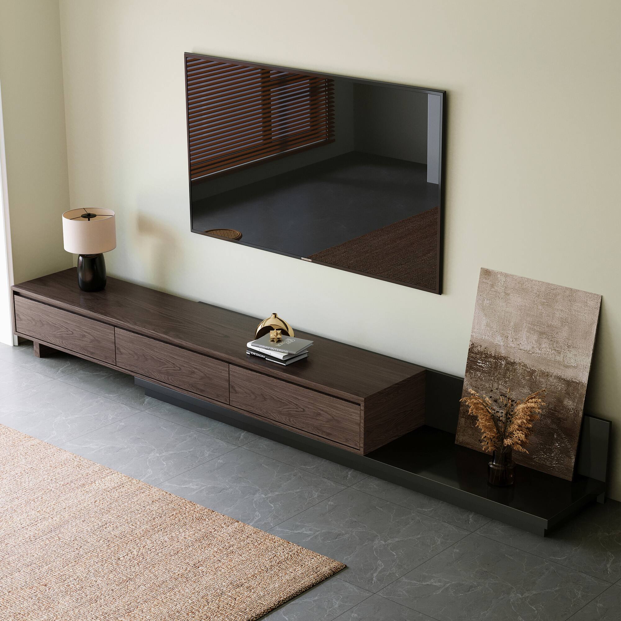 Back. luck idea - 78.7"-141.7" Expandable TV Stand | 3 Storage Drawers & Wood Grain Decorative Panel - Black walnut color.