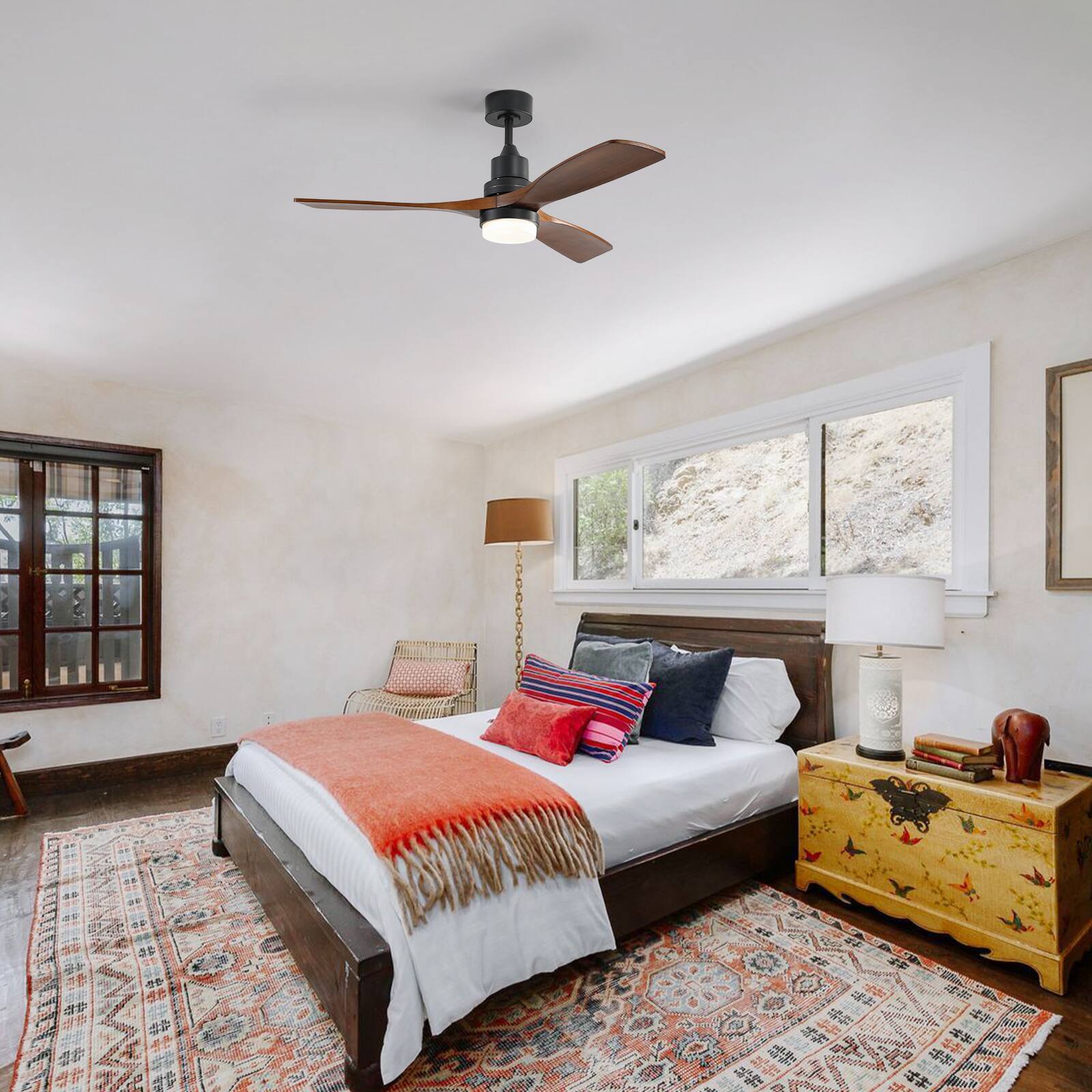 Alt View 7. Sofucor - Sofucor 52'' Indoor Outdoor Ceiling Fan Light Kits with Remote 3 Wood Blades High CFM Quiet DC Motor Modern Ceiling Fan - Black Walnut Wood.