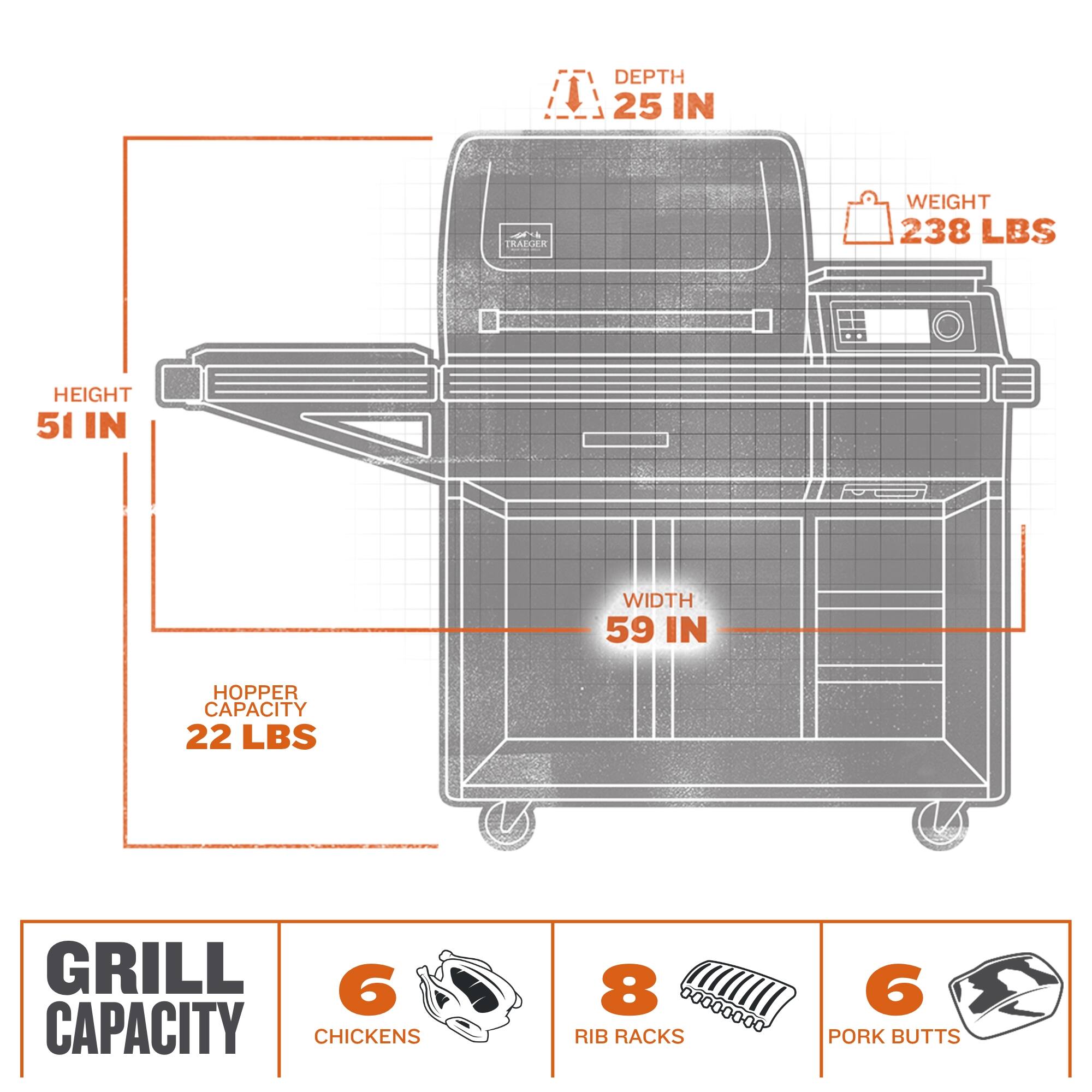 The image is a diagram of a grill with various features and capacities labeled. The grill has a depth of 25 inches, a weight of 238 lbs, and a height of 51 inches. The grill also has a width of 59 inches. The hopper has a capacity of 22 lbs. The grill can cook up to 6 chickens, 6 rib racks, and 6 pork butts.