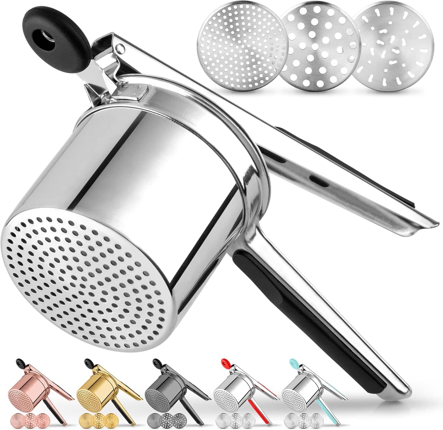 Zulay Kitchen - Premium Large 15oz Potato Ricer, Heavy Duty Professional Stainless Steel Potato Masher and Ricer, 3 Disc - Silver Black