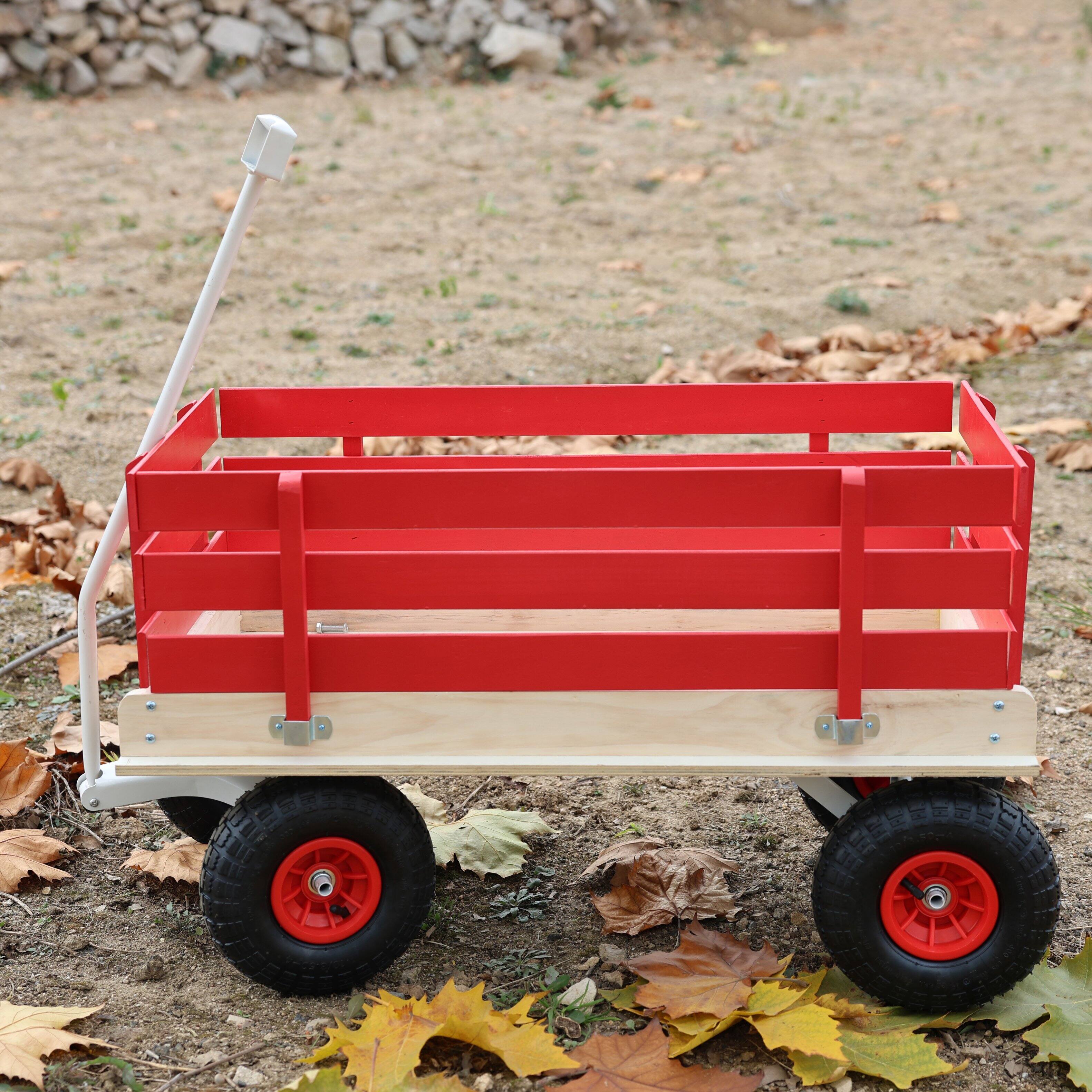 Left. Whisen - Wooden Utility Wagon with Folding Handle, Heavy Duty Outdoor Wagon & Garden Cart for Kids & Camping - Red.