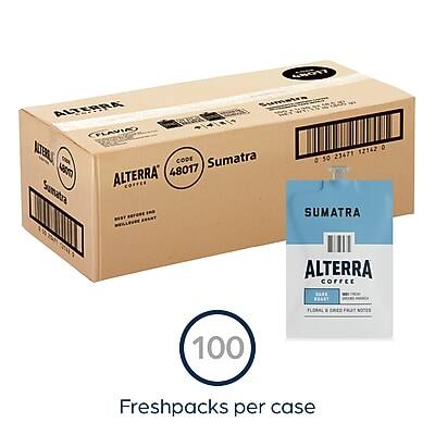 ALterra  
Sumatra  
CFLAVIAO 12142  
LaETA CODE Sumatra C 50 23471  
ALTERRA 48017  
COFFEE  
Sumatra  
ALTERRA COFFEE  
6  
100 Freshpacks per case