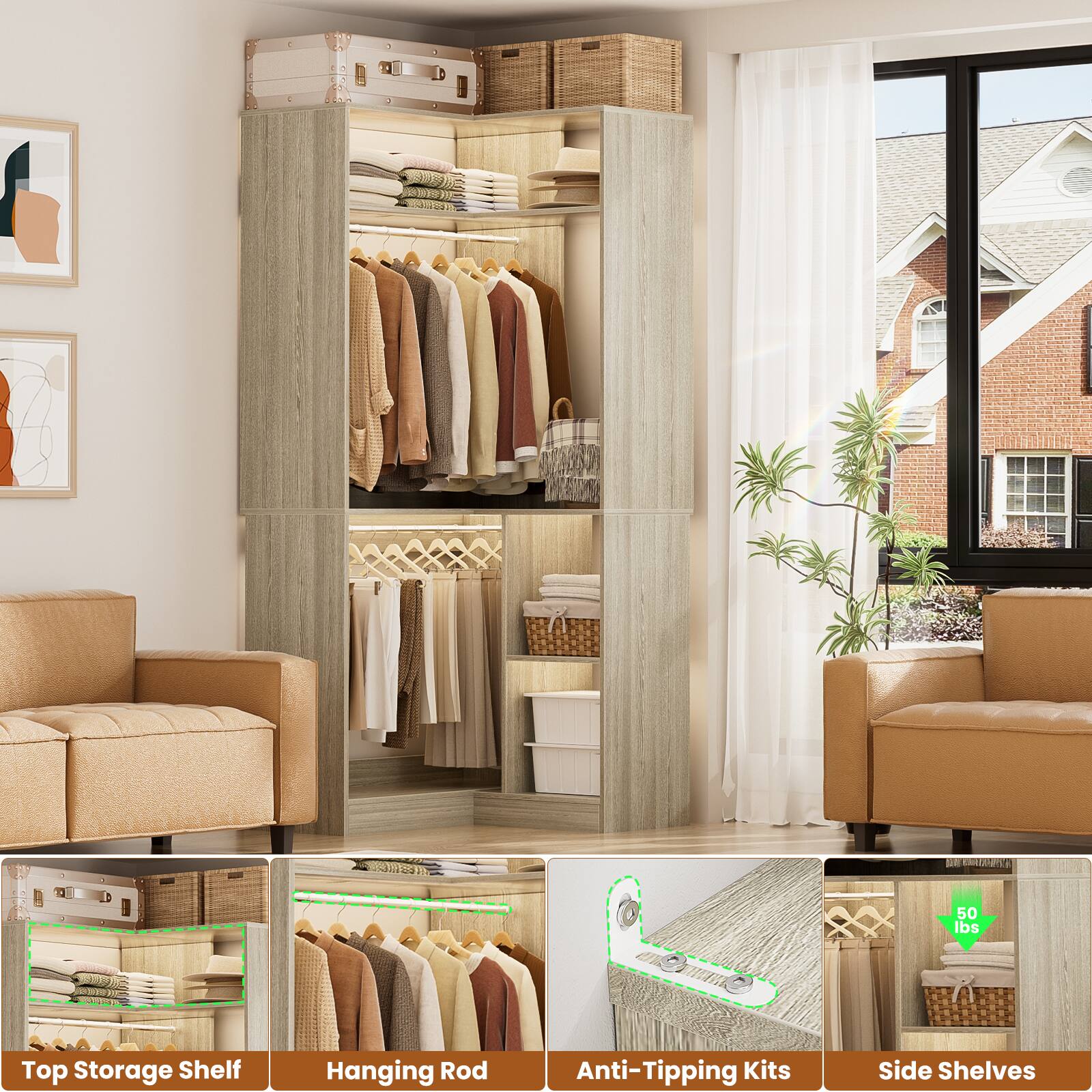 Eoala 50 lbs 10 Top Storage Shelf Hanging Rod Anti-Tipping Kits Side Shelves