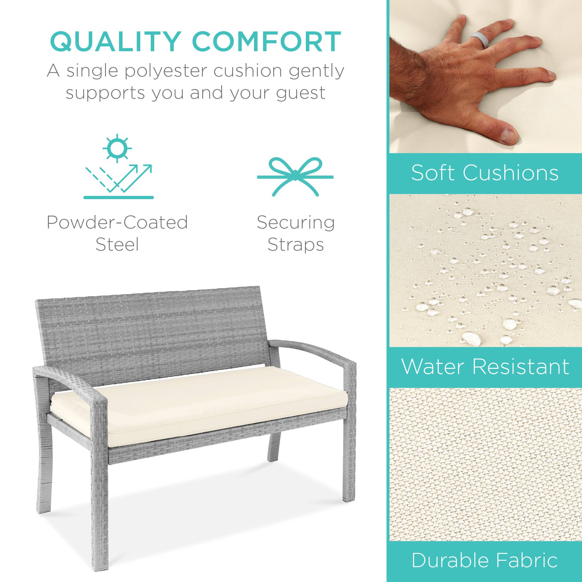 QUALITY COMFORT  
A single polyester cushion gently supports you and your guest  

Powder-Coated Steel  
Securing Straps  

Soft Cushions  
Water Resistant  
Durable Fabric