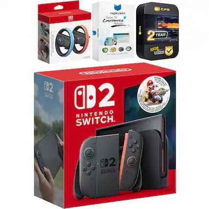 - **CPS 2 YEAR EXTENDED WARRANTY**
- **mighty skins SKINS TO CUSTOMIZE YOUR NINTENDO SWITCH 2**
- **NINTENDO SWITCH 2**
- **Includes:**
- Mario Kart 8 Deluxe
- Super Mario Odyssey
- Mario Tennis Aces
- Mario Golf: World Tour
- **BONUS EXTENDED WARRANTY**