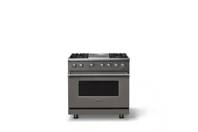 Front. Viking - 36 in. Wide 4 Burner Pro 5 Series 5.6 Cu. Ft. Freestanding Sealed LP Dual Fuel Convection Range/Griddle - Damascus Gray - Damascus Gray.