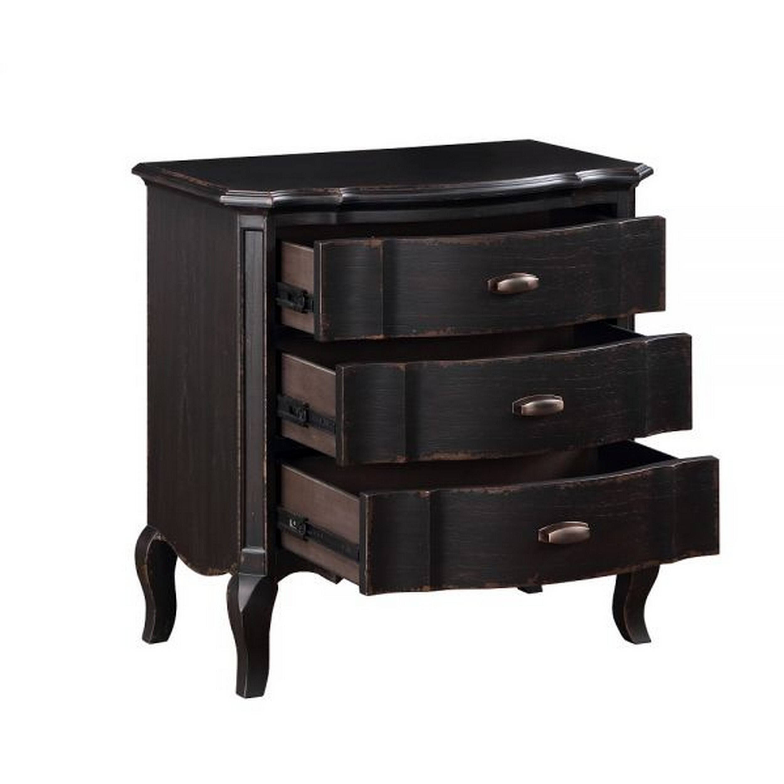 Left. Manhattan Lane - 30 Inch Nightstand, 3 Drawers, Cabriole Legs, Rubberwood, - Black.