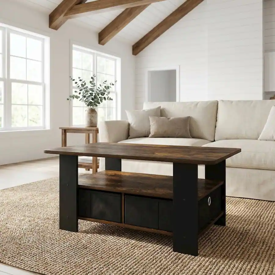 FurniFact Amber Pine Black Coffee Table with Bin Drawer and Durable ...